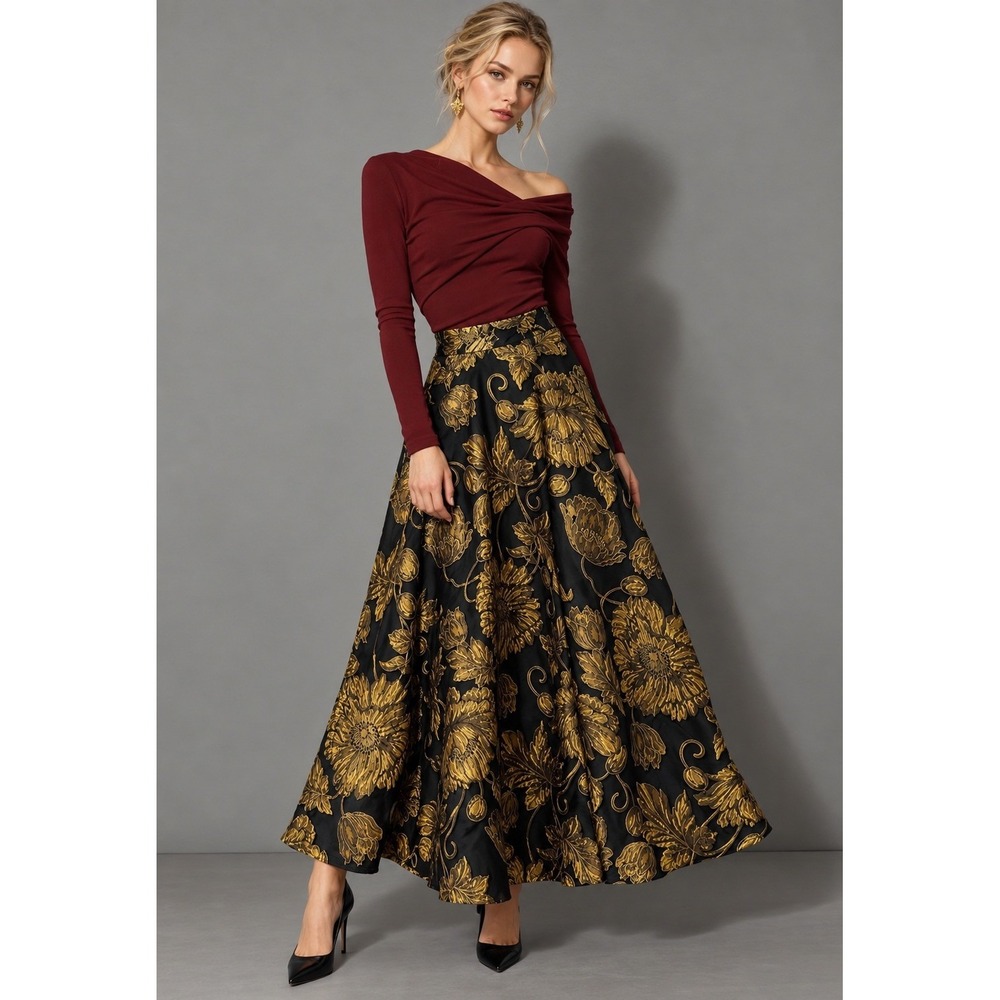 Chicwish Maxi Skirt Womens M Black Gold Floral Jacquard Metallic A-Line Formal